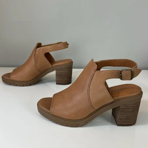 Lucky Brand Deylin Leather Lug Sole Sandal Peep Toe Sling Back Stacked Heel - Picture 4 of 4